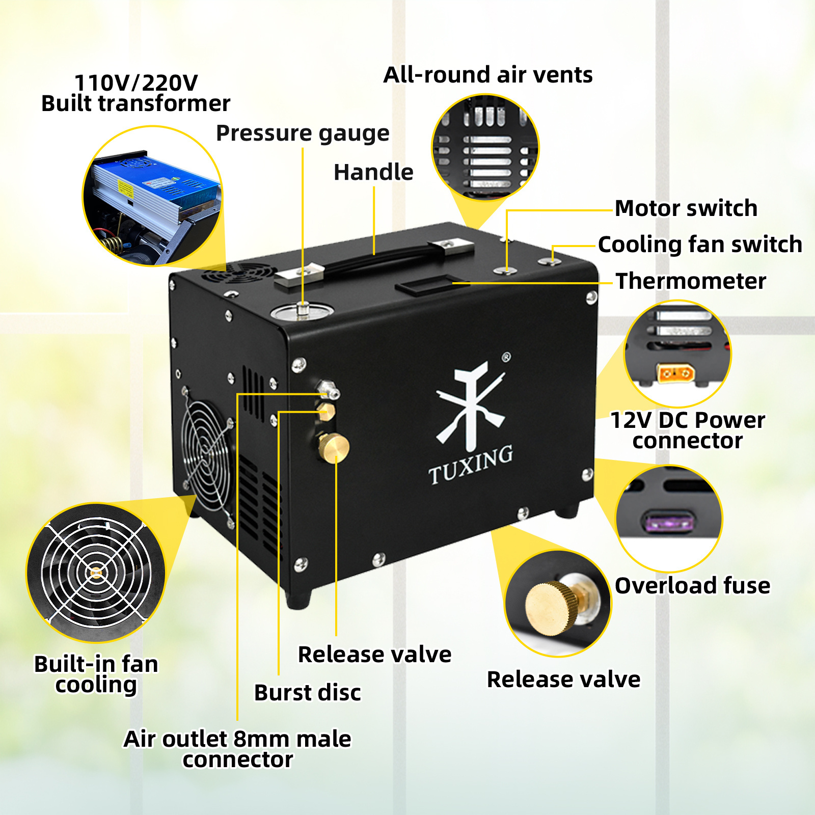 TUXING Auto Stop 4500PSI/300BAR/30MPA Built-in 12V Power Adapter Drain System Oil Water Free Battery Powered PCP Air Compressor