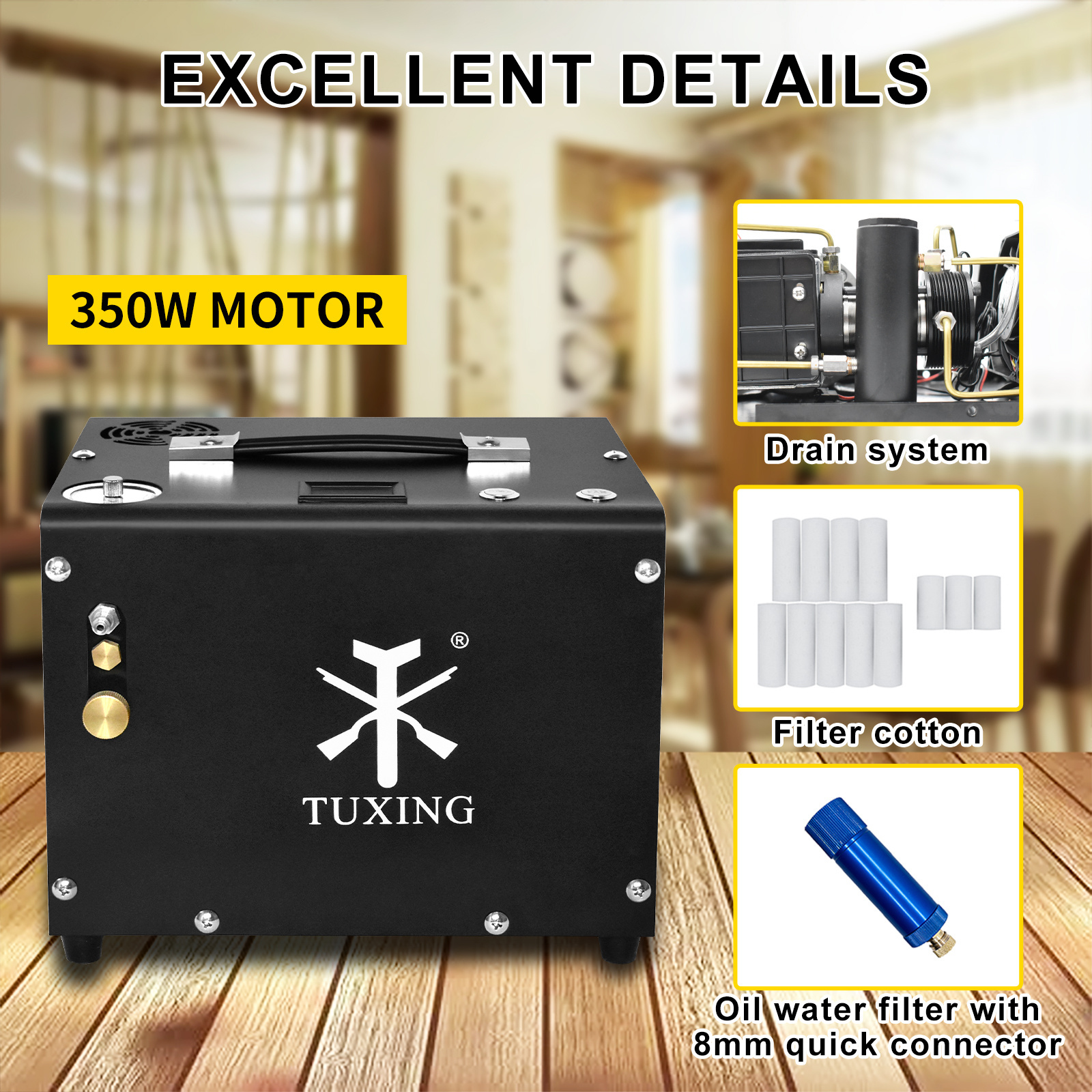 TUXING Auto Stop 4500PSI/300BAR/30MPA Built-in 12V Power Adapter Drain System Oil Water Free Battery Powered PCP Air Compressor