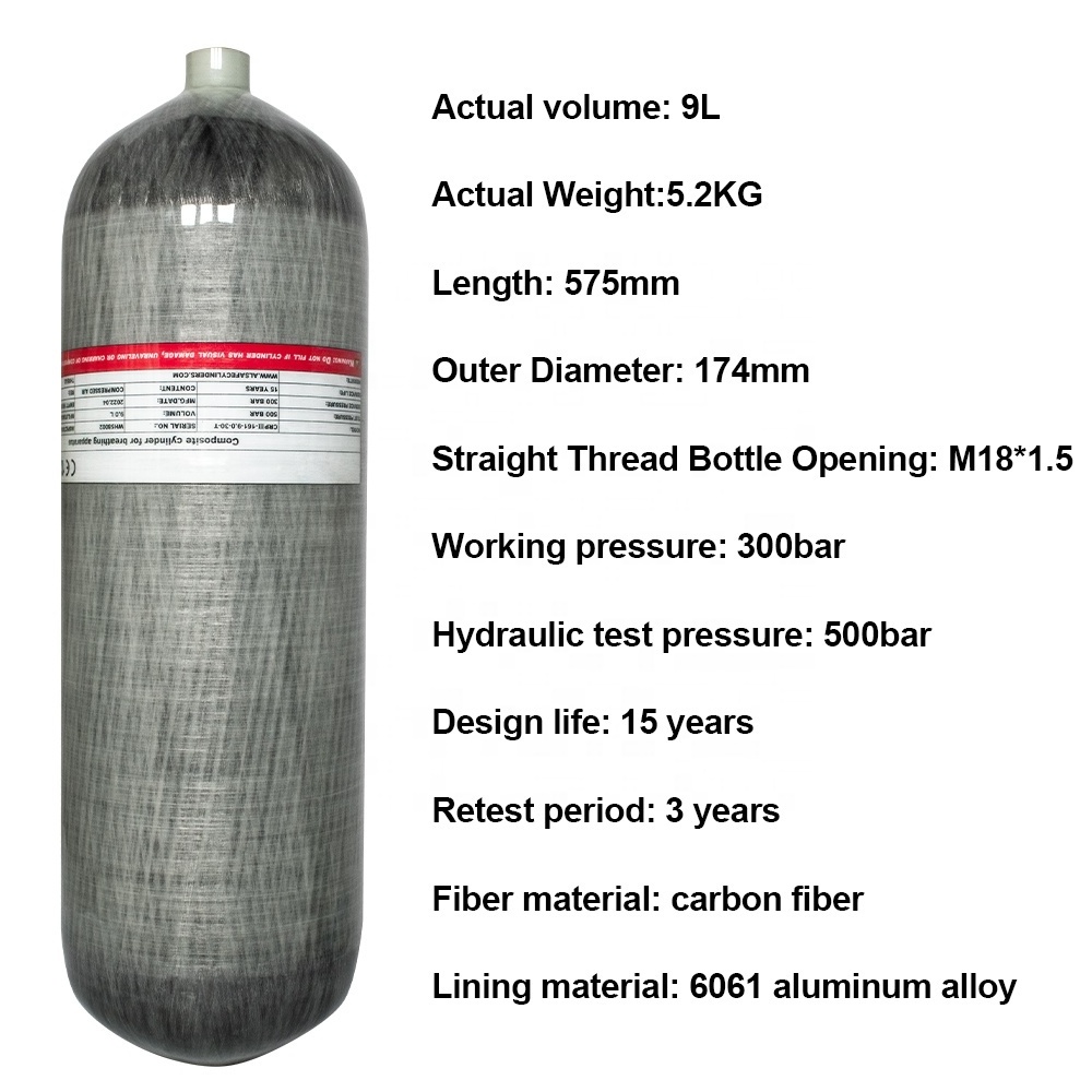 TUXING Wholesale 9L High Pressure 4500psi 30mpa 300bar Wrapped Composite Carbon Fiber Air Tank Scuba Dving Snorkeling Cylinder