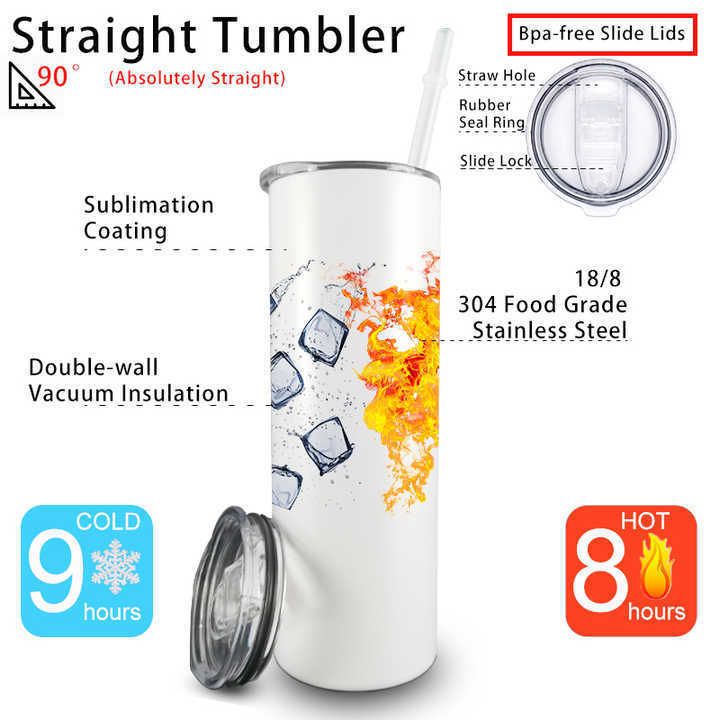 Top Seller USA Warehouse 20 oz straight blanks stainless steel cup double walled 20oz skinny sublimation tumblers with straw