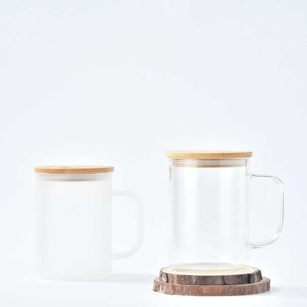 USA warehouse Bulk 15oz Blank Sublimation Crystal Clear Frosted High Borosilicate Glass Coffee Mugs With Bamboo Lids And Straws