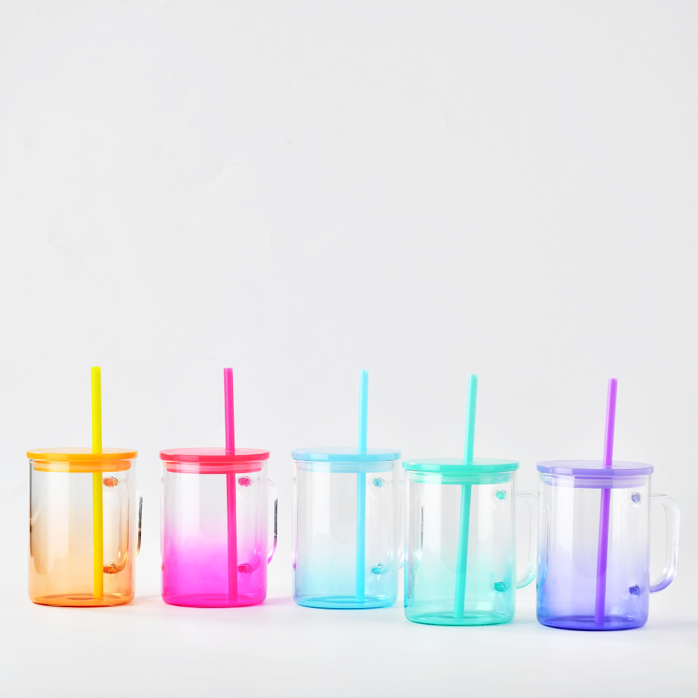 Us Warehouse Clear Transparent Blank Sublimation Borosilicate 15oz Jelly Ombre Gradient Glass Mug With Handle And Straw