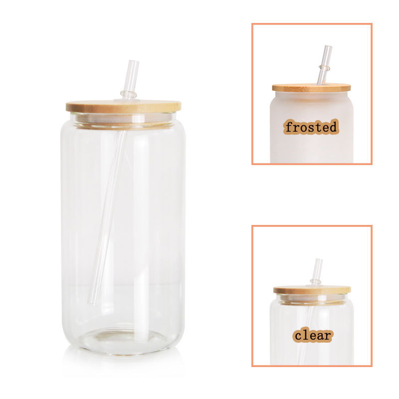 USA WAREHOUSE RTS stocked 12oz 16oz 25oz Clear Frosted Soda Pop Shaped Sublimation Beer Jar Glass Can cup Glass with Straw Lid