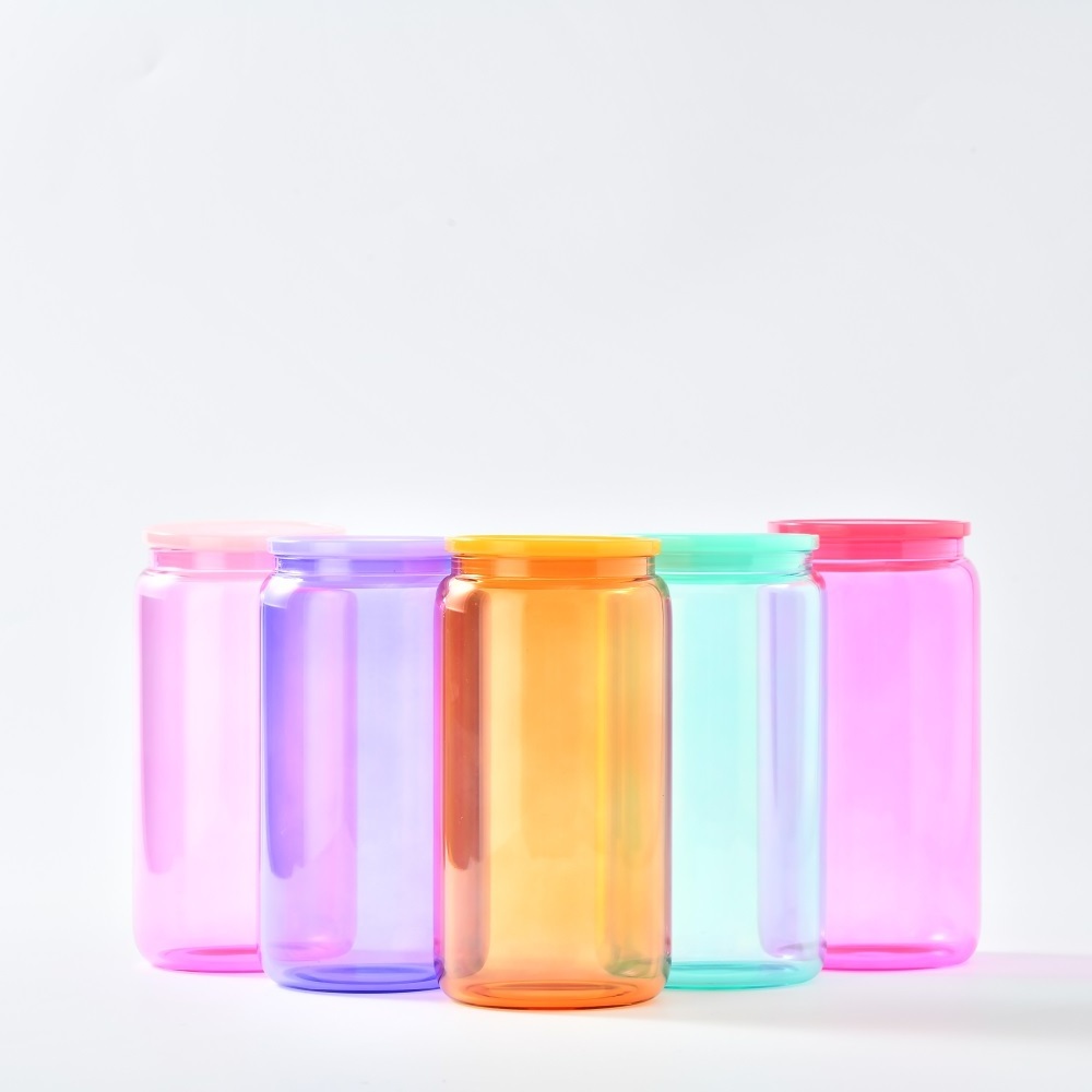 USA Mixed Drinking Colored Glasses 16oz Clear Iced Coffee Soda Beer Shaped Libby Glass Can Cup With Plastic Lid And Straw