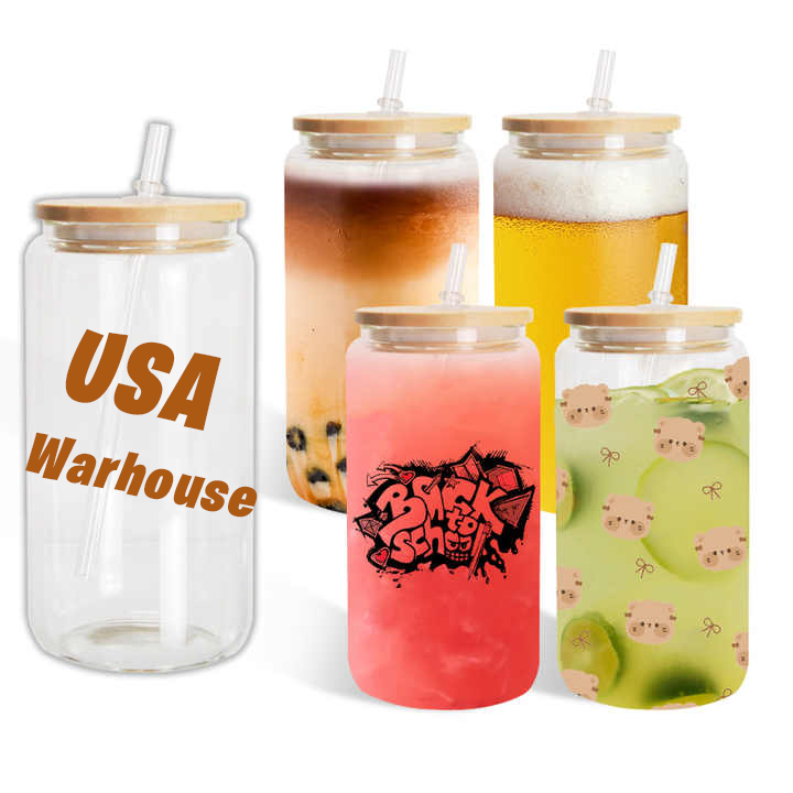 USA WAREHOUSE RTS stocked 12oz 16oz 25oz Clear Frosted Soda Pop Shaped Sublimation Beer Jar Glass Can cup Glass with Straw Lid