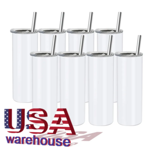 Straight Skinny Sublimation Blanks Tumblers Cups Stainless Steel with Straw and Rubber Bottom US Warehouse Stock White 20oz Mugs