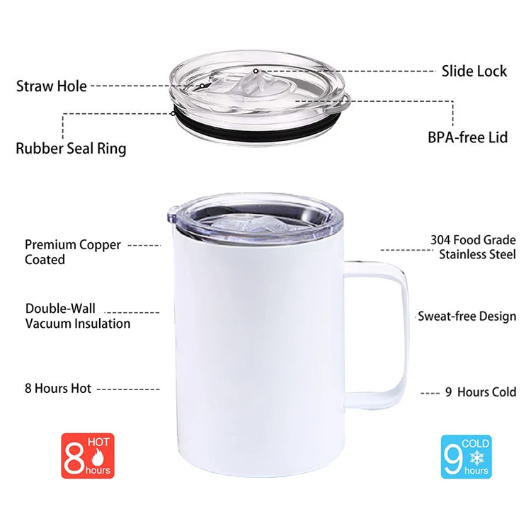 USA Warehouse Mug Wholesale 12oz Custom Insulated Stainless Steel White Sublimation Coffee Mug with Handle