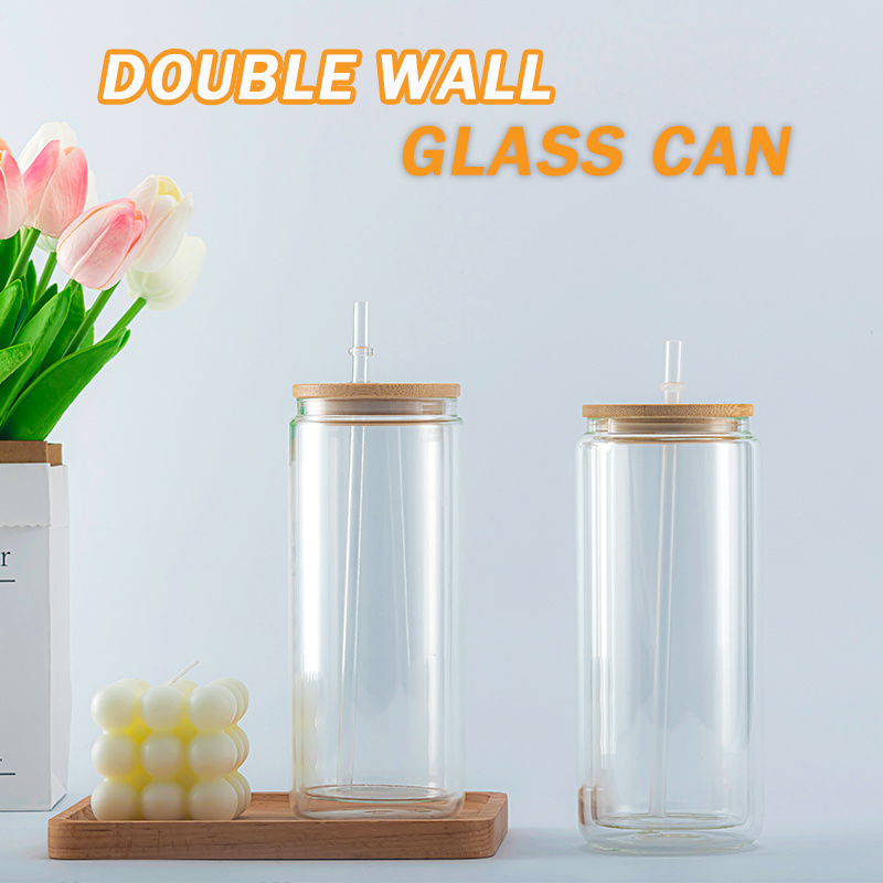 Can Jar Clear Snow Globe Pre Drilled Double Wall Tumblers 16oz 20oz Glass with Bamboo Lids White Box Glass Cup CLASSIC Giveaways