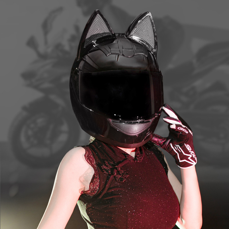 SUBO Summer Women Electric Motorcycle Cat Ears Helmets Gray Bow Men Cute Protection Safety Motorcycle Full Face Helmet