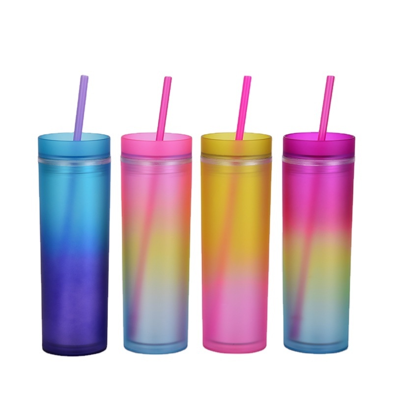 wholesale Double Wall 16oz Pastel plastic rainbow gradient matte acrylic tumbler skinny cup with straw