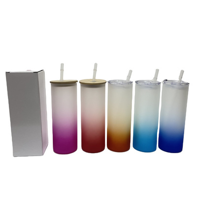 New arrival 25oz sublimation blank Mixed Color Glass Frosted Gradient Drinking Straight Water Glass Tumbler Mug with bamboo lid