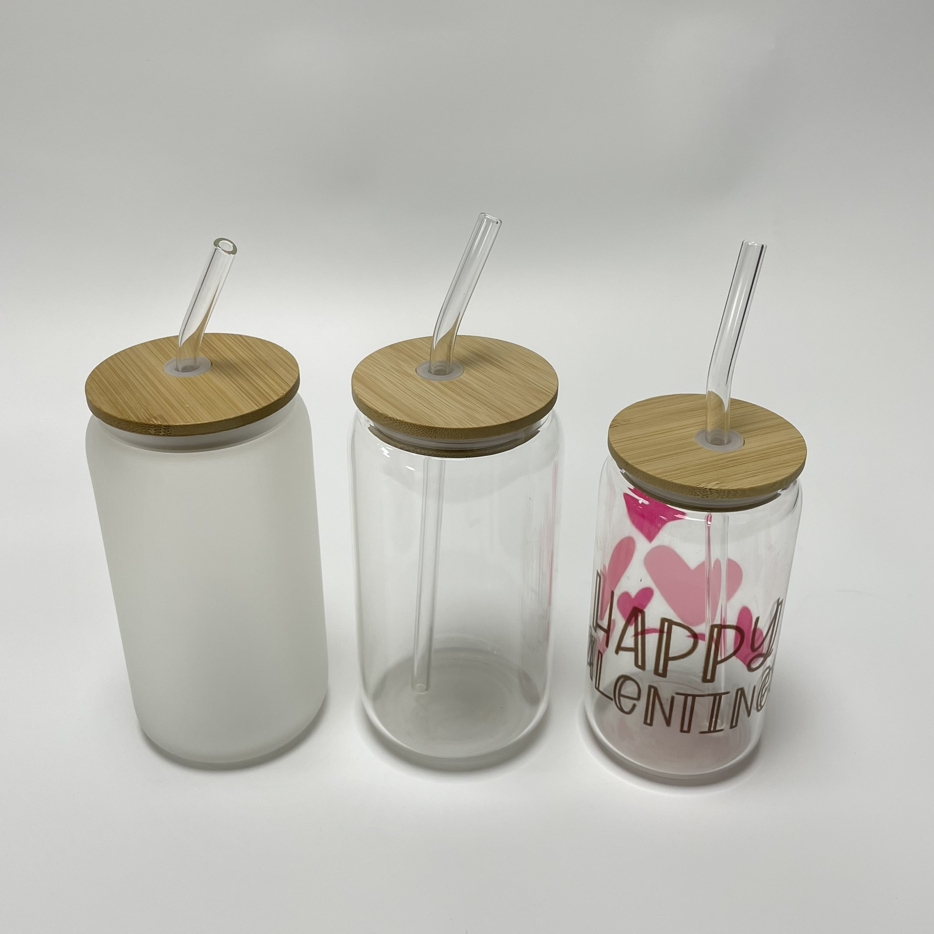 US warehouse 16oz clear frosted glass beer can sublimation blanks matte tumbler glass cups with bamboo lids and straw