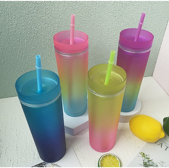 wholesale Double Wall 16oz Pastel plastic rainbow gradient matte acrylic tumbler skinny cup with straw