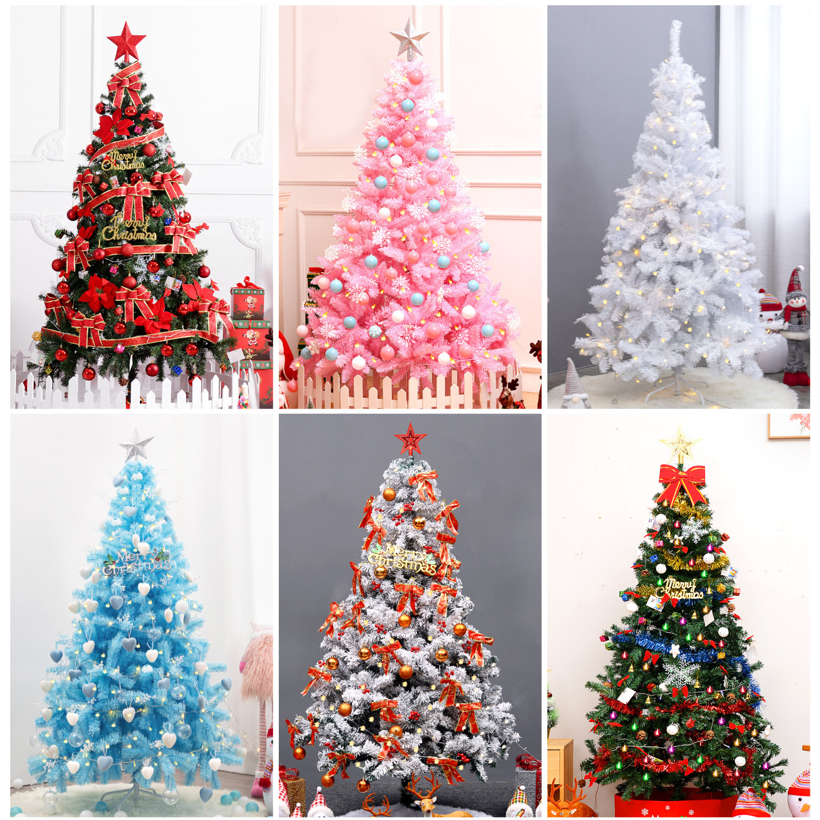 Xmas 7ft 9ft 12ft flocking plastic PE PVC tied trees outdoor indoor green pink blue white snowing Christmas ornament tree