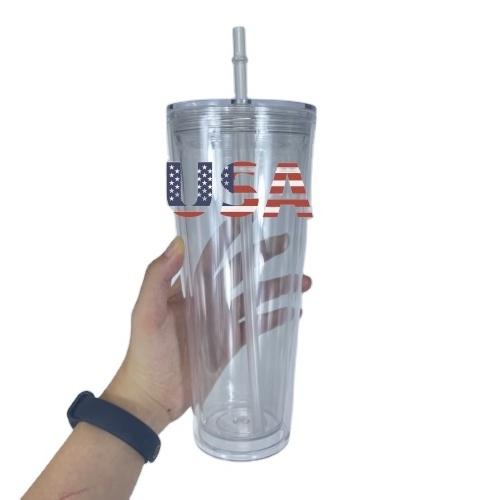 USA warehouse 16oz 24oz clear Acrylic cups pre drill double walled snowglobe Acrylic Tumbler with lids and straws