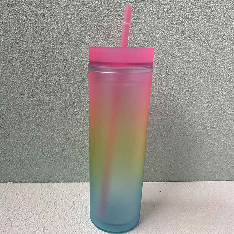 wholesale Double Wall 16oz Pastel plastic rainbow gradient matte acrylic tumbler skinny cup with straw