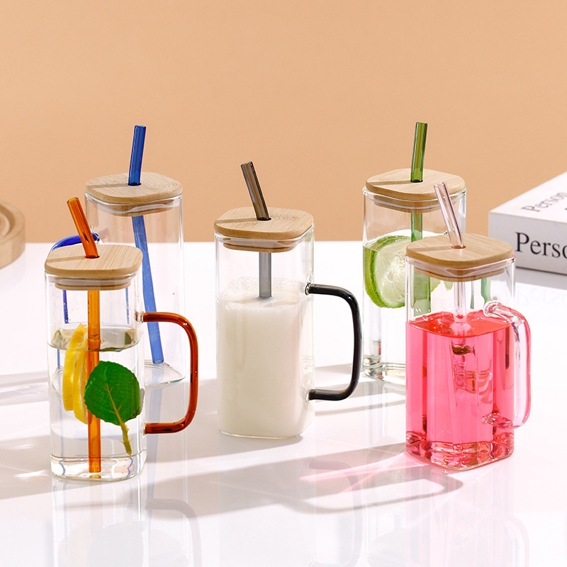 400ml clear square base glass cup with bamboo lids and straws transparent square glass coffee cup with handle