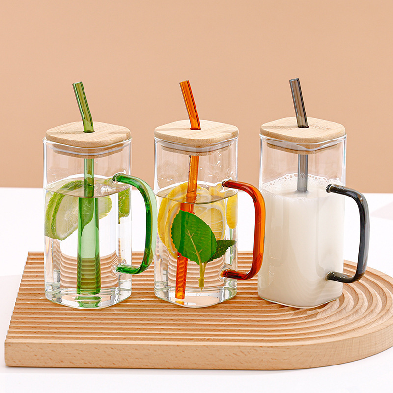 400ml clear square base glass cup with bamboo lids and straws transparent square glass coffee cup with handle