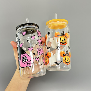 Custom design 16oz glass cups uv dtf transfers designs ready to press sticker waterproof cartoon transfers for 16oz glass can