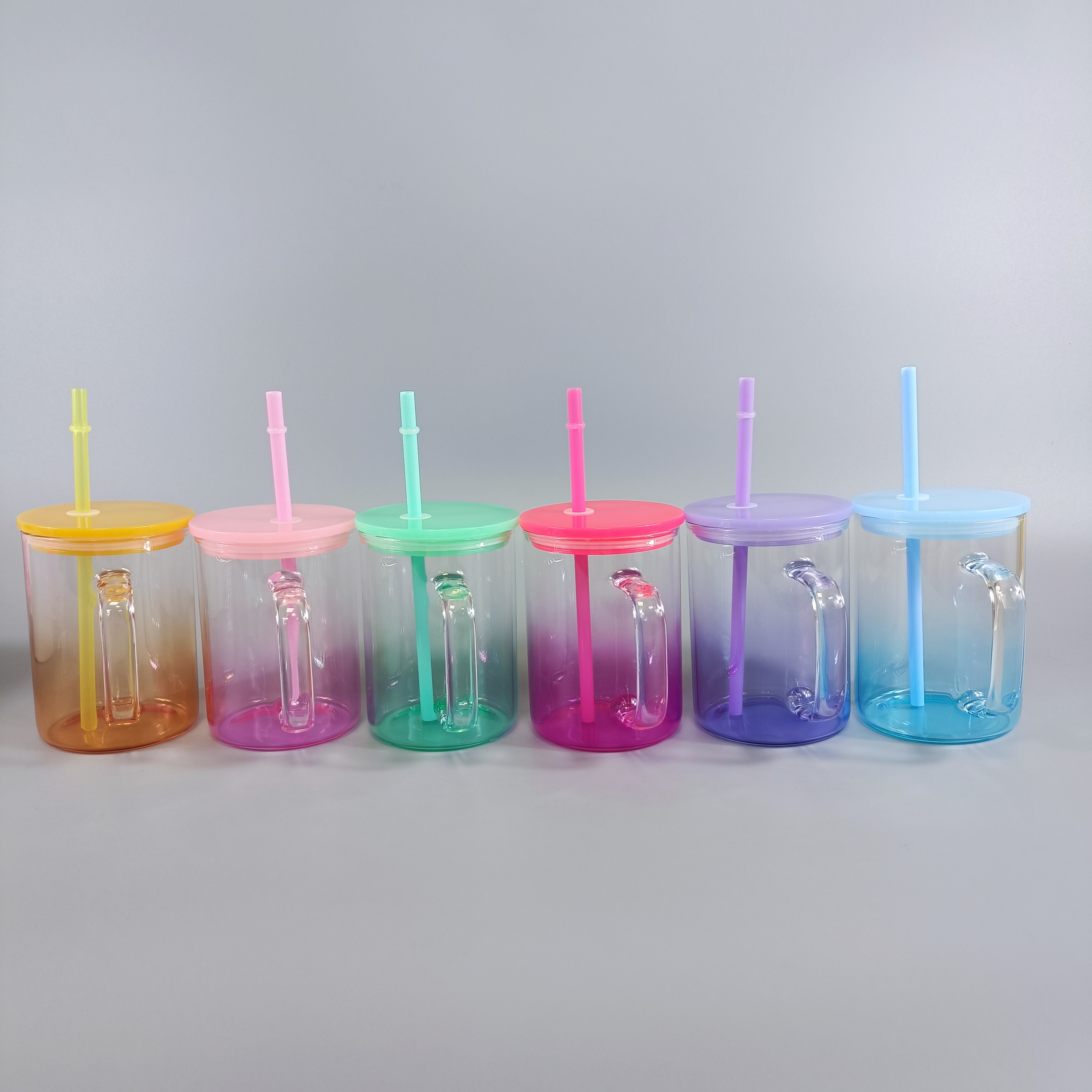 USA warehouse 17oz ombre jelly glass mug blank sublimation 17oz gradient jelly glass cup with colored pp lids for UV DTF wraps