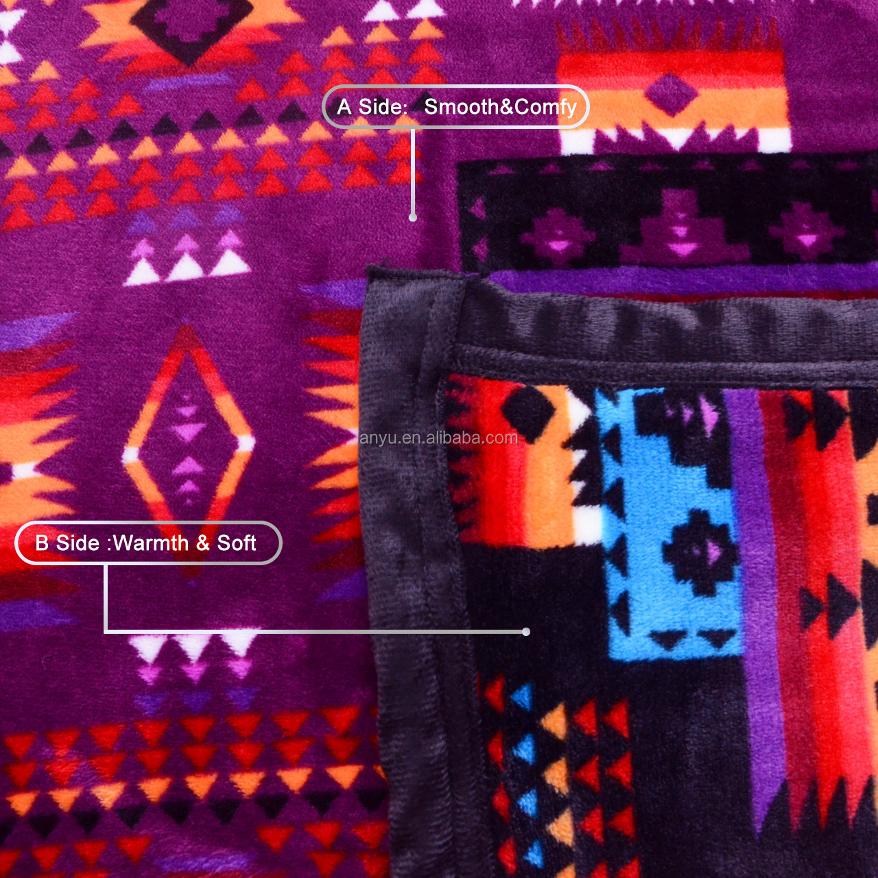 2PLY Purple Colors Super Soft Southwest Native Patterns Flannel Blanket For Winter Reversible