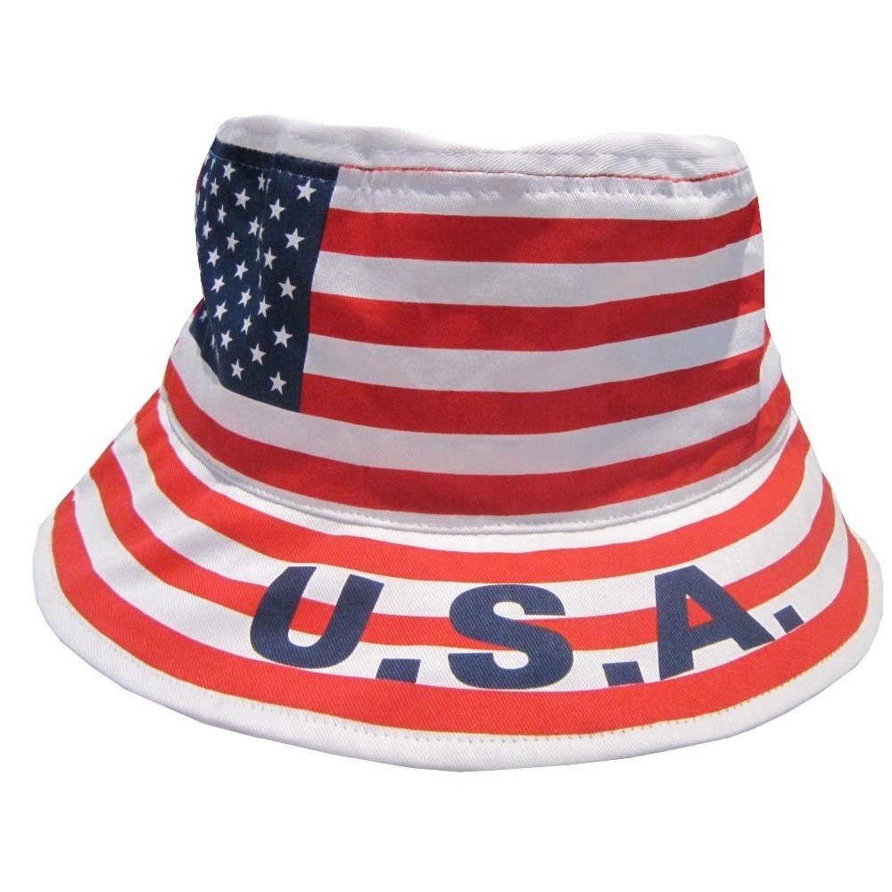 Wholesale Summer Custom Red Blue Color USA American Flag Pattern Fisherman Bucket Hat Cap ,soccer fan print hat