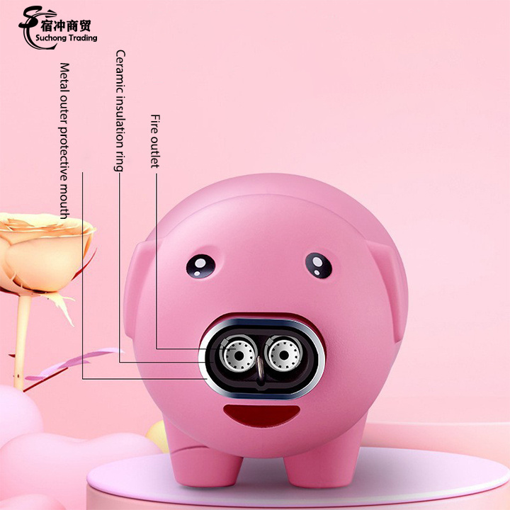 Tiktok Hot Sale Cute Cartoon Double Flame Gold Black Pink Pig Torch Lighter