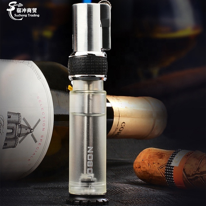 Wholesale Windproof Straight Rechargeable Black Butane Gas Jet Transparent Cigar Torch Blue Flame Lighter