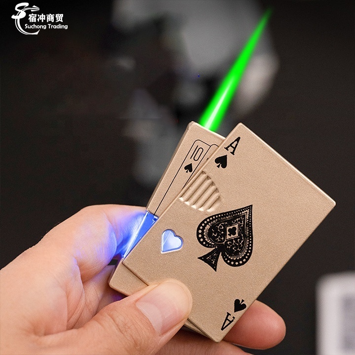 Refillable Gas Butane Led Green Flame Black Ace Poker Playing Card Torch Lighters