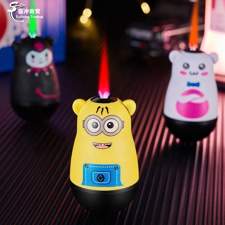 Wholesale Custom Cute Cartoon Tumbler Pikaachu Kuromy Minions Colorful Flames Gas Torch Cigarette Lighter