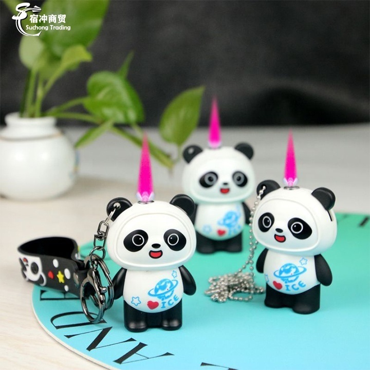 3D Cartoon Panda Windproof Gas Red Flame Gas Torch Cigarette Cute Lighter With Keychain