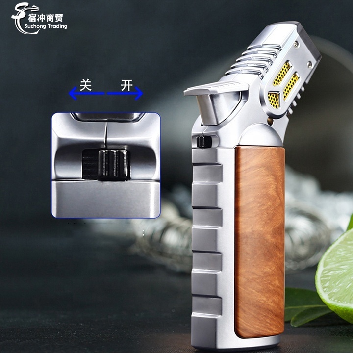 Wholesale Custom Logo BBQ Kitchen Gas 4 Jet Flame Butane Gun Cigar Torch Lighter