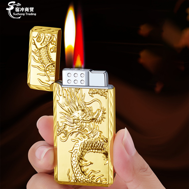 Custom Cool Portable Gold Double Flame Rechargeable Gas Jet Torch Dragon Lighter