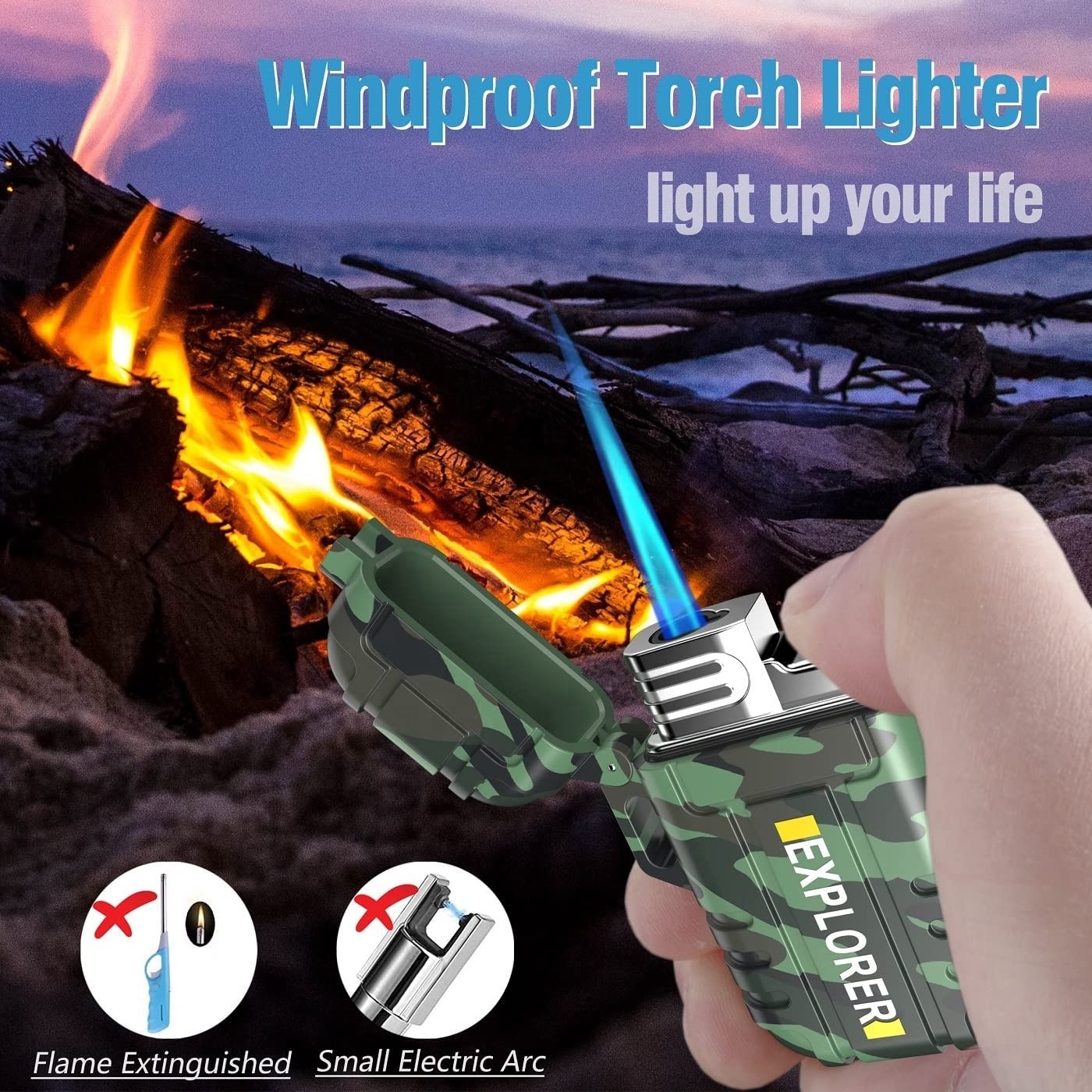 Custom Outdoor Windproof Waterproof Refillable Jet Flame Cigar Butane Torch Camouflage Lighter