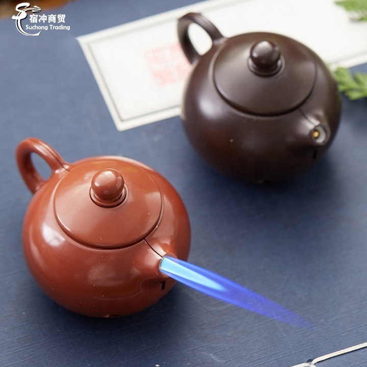 Novelty Cool Chinese Culture Xishi Tea Pot Windproof Direct Blue Flame Funny Handle Gas Torch Teapot Lighter