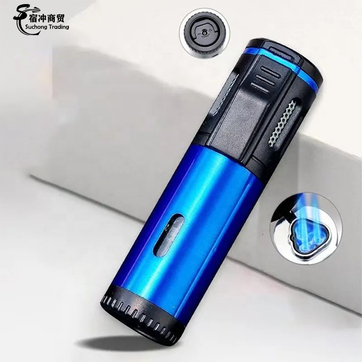 Portable Cigar Outdoor BBQ Blue Three Flame Butane Gas Torch Lighter Jet Flame Wholesale