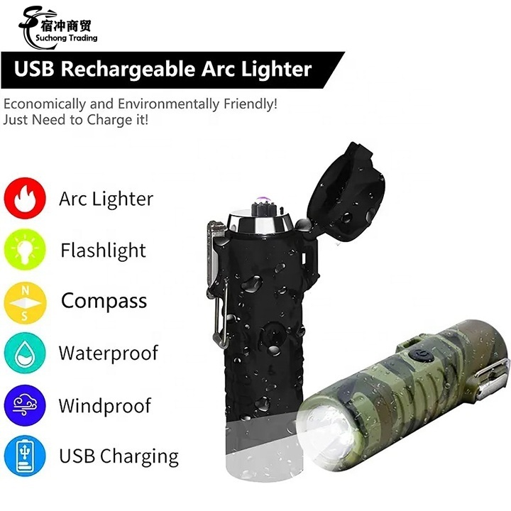 Outdoor Camping Enthusiasts Waterproof Flameless Dual Arc Usb Rechargeable Electric Lighter With Flashlight Compass