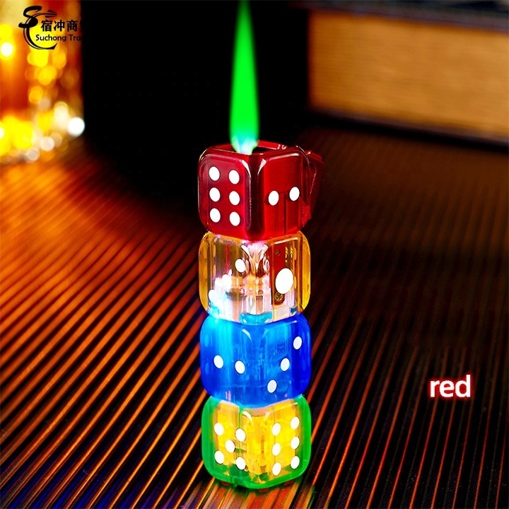 Custom Novelty Cool Butane Gas Gold Yellow Blue Red Metal Dice Torch Lighter Cigarette Jet Flame