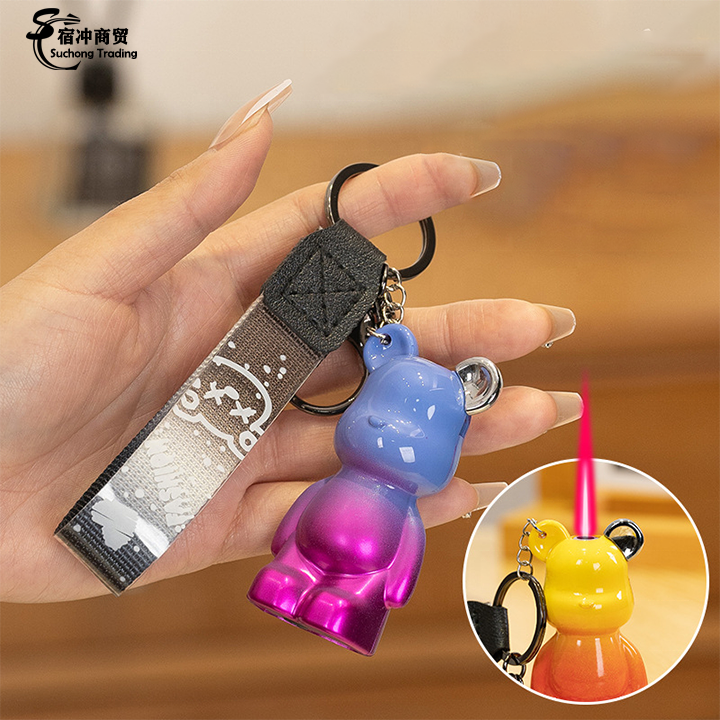 Cool Cartoon Butane Red Flame Cute Bear Windproof Torch Cigarette Lighter With Keychain