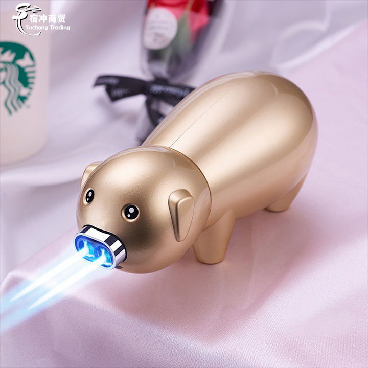 Tiktok Hot Sale Cute Cartoon Double Flame Gold Black Pink Pig Torch Lighter