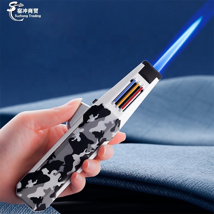 Windproof Straight Luxury Premium Custom Logo Metal Gas Jet Pen Cigarette Torch Blue Flame Lighter