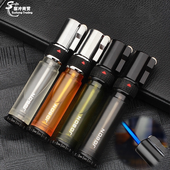 Wholesale Windproof Straight Rechargeable Black Butane Gas Jet Transparent Cigar Torch Blue Flame Lighter