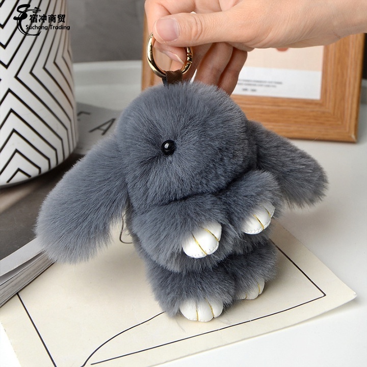 Custom 18cm Bunny Doll Car Keyring Cute Soft Faux Fur Pom Pom Fluffy Plush Pendant KeyChain