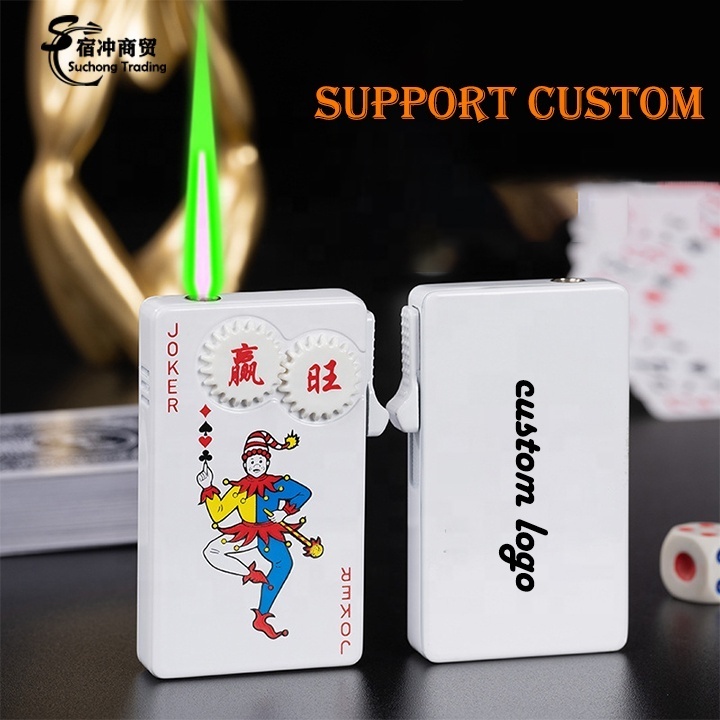 New Hot Selling Refillable Color Changing Flame Novelty Windproof Torch Lighter Poker Playing Cards Lighter