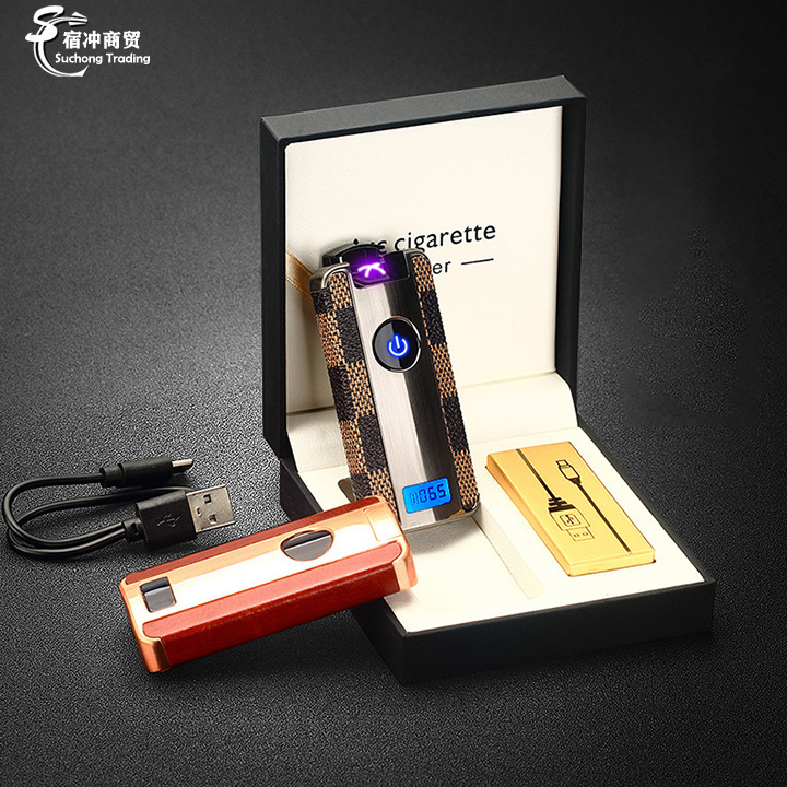 Luxury Genuine Leather  Retro Double Arc Electric Usb Candle Cigarette Lighter