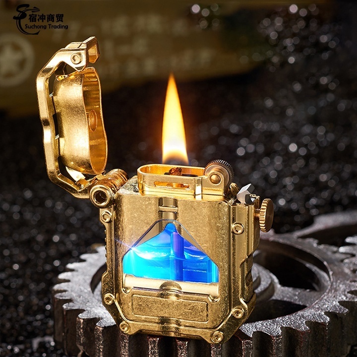 Wholesale Mecha Style Visual Oil Steam Punk Storage Transparent Metal Kerosene Cigarette Lighter