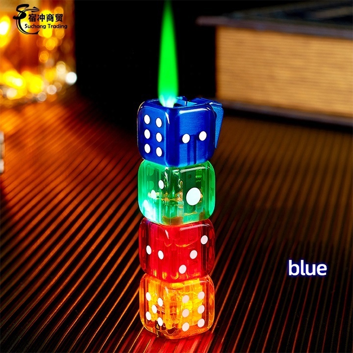 Custom Novelty Cool Butane Gas Gold Yellow Blue Red Metal Dice Torch Lighter Cigarette Jet Flame