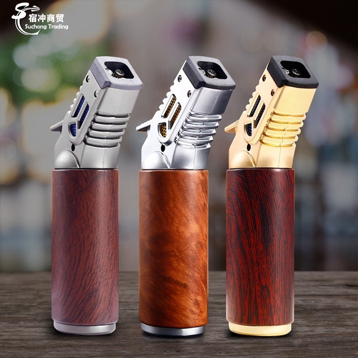 Wholesale Custom Logo BBQ Kitchen Gas 4 Jet Flame Butane Gun Cigar Torch Lighter