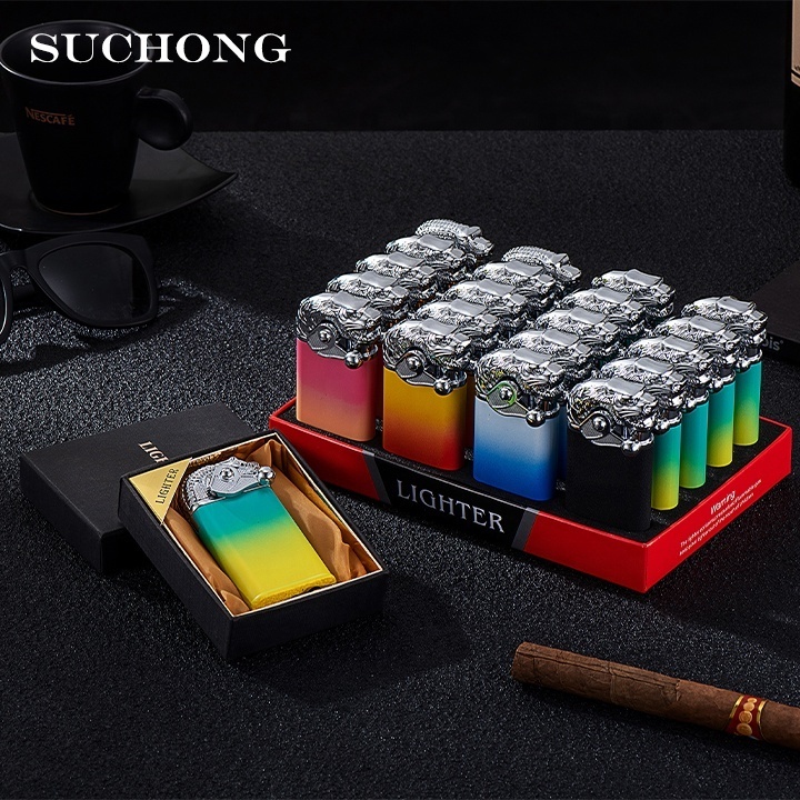 Tiktok Custom Novelty Cool Gradient Double Flame Croc Dragon Cigarette Lighter With Display Gift Box