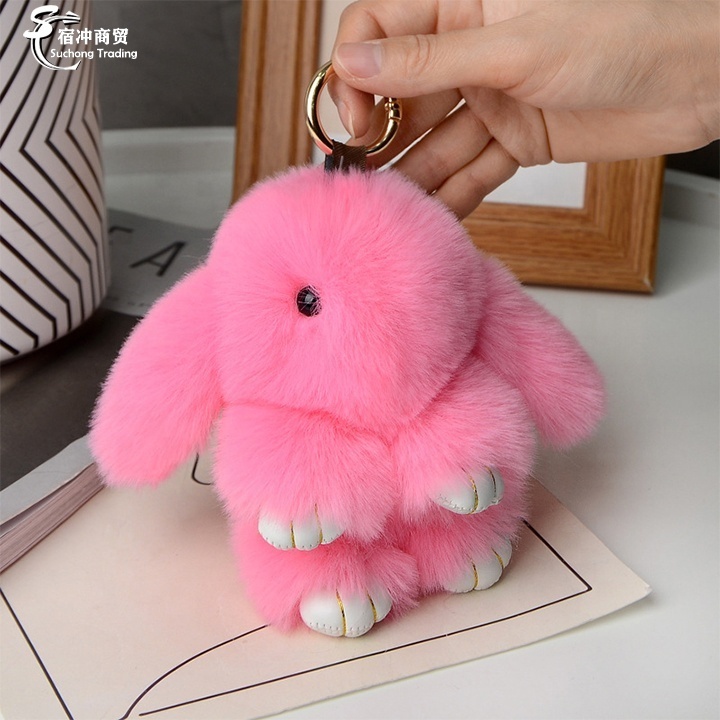 Custom 18cm Bunny Doll Car Keyring Cute Soft Faux Fur Pom Pom Fluffy Plush Pendant KeyChain